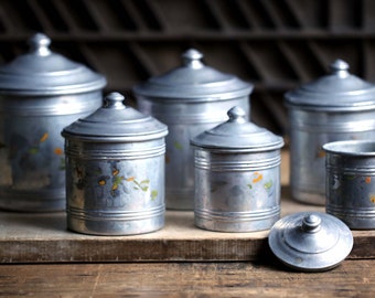 Set Of 6 Vintage French Aluminium Canisters Hand Painted Metal Spice Jars Kitchen Storage Containers