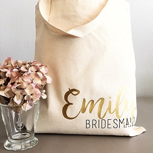 Bridesmaid tote bag for Bridal party gifts. Canvas Tote Bag with Name and Title for Bridesmaid gift, Maid of Honor, Matron of Honor gift image 1