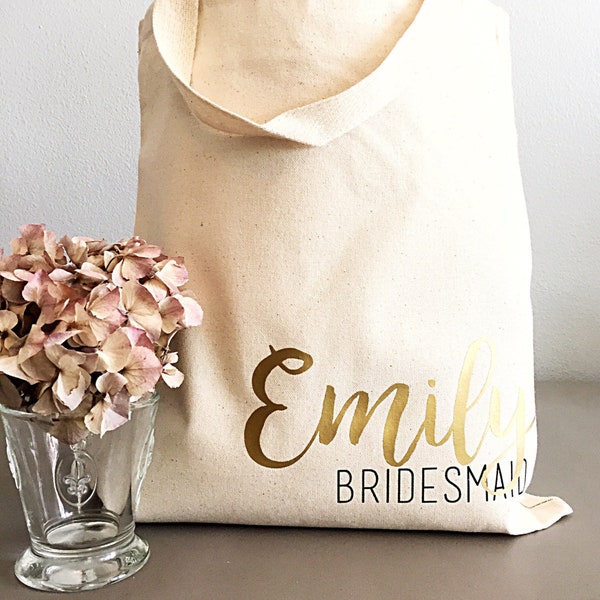 Bridesmaid tote bag for Bridal party gifts. Canvas Tote Bag with Name and Title for Bridesmaid gift, Maid of Honor, Matron of Honor gift