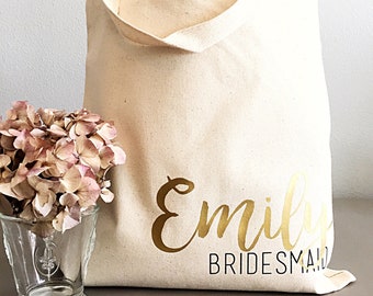 Bridesmaid tote bag for Bridal party gifts. Canvas Tote Bag with Name and Title for Bridesmaid gift, Maid of Honor, Matron of Honor gift