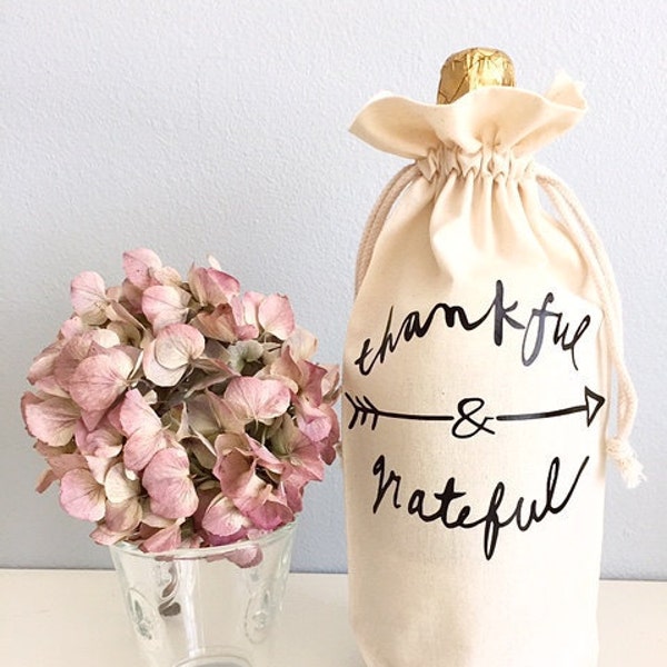 Thankful and Grateful Drawsting Hostess Gift - Wine Bag