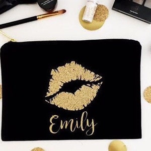 Custom makeup bag with Glitter Lip Personalized makeup bag bridesmaid Mothers day gift from daughter image 2