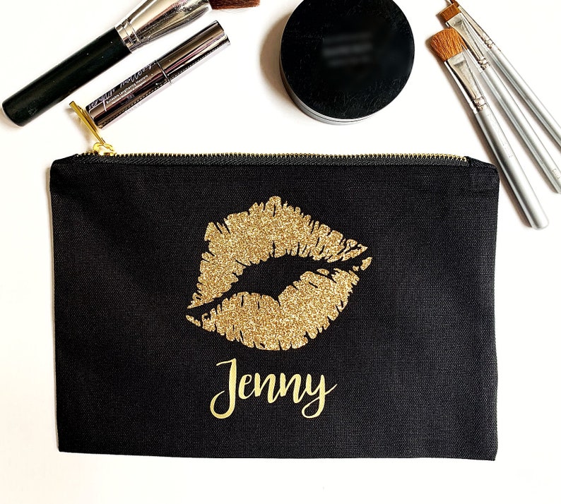 Custom makeup bag with Glitter Lip Personalized makeup bag bridesmaid Mothers day gift from daughter image 1