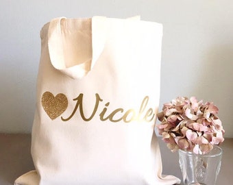 Custom tote bags | Glitter Heart tote bags | Bridal party tote bag | Bridesmaids thank you gift from Bride