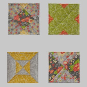 May include: Four different fabric squares for a pot holder pattern. The squares are made of different fabrics, including floral, geometric, and solid colors. The pattern is called "Sew Magic" and is from Double Nickel Quilts. The pattern number is #DNO-129.