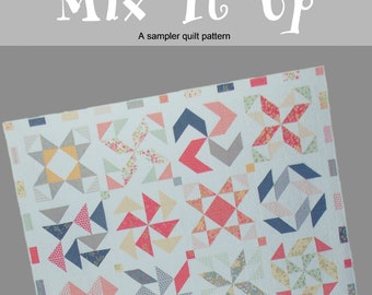 Sampler quilt pattern, downloadable pdf quilt pattern-uses layer cake, charm pack and jelly roll, Double Nickel Quilts #DNQ128 Mix It Up