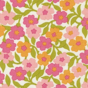 May include: White fabric with a repeating pattern of pink, orange, and green flowers. The fabric has a subtle texture and is perfect for quilting, sewing, and crafting.