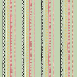 May include: A seamless pattern with vertical stripes of different colors and textures. The stripes are made up of various geometric shapes, including zigzags, wavy lines, and dots. The colors are a light green, yellow, pink, and black.