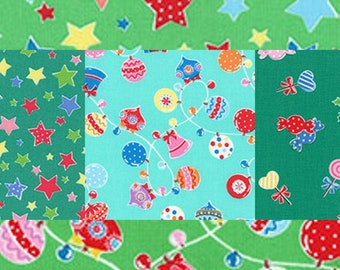 Half Yard Fabric Bundle of Flower Sugar Ornaments, Stars Candy Christmas Fabrics in Green and Aqua from Lecien Fabrics- 5 half yard cuts