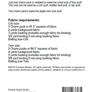 Modern Charm quilt pattern instructions for crib and twin size quilts. Fabric requirements include charm packs, background fabric, backing fabric, and binding fabric. Batting size is also listed for both crib and twin sizes. The pattern is by Double Nickel Quilts.