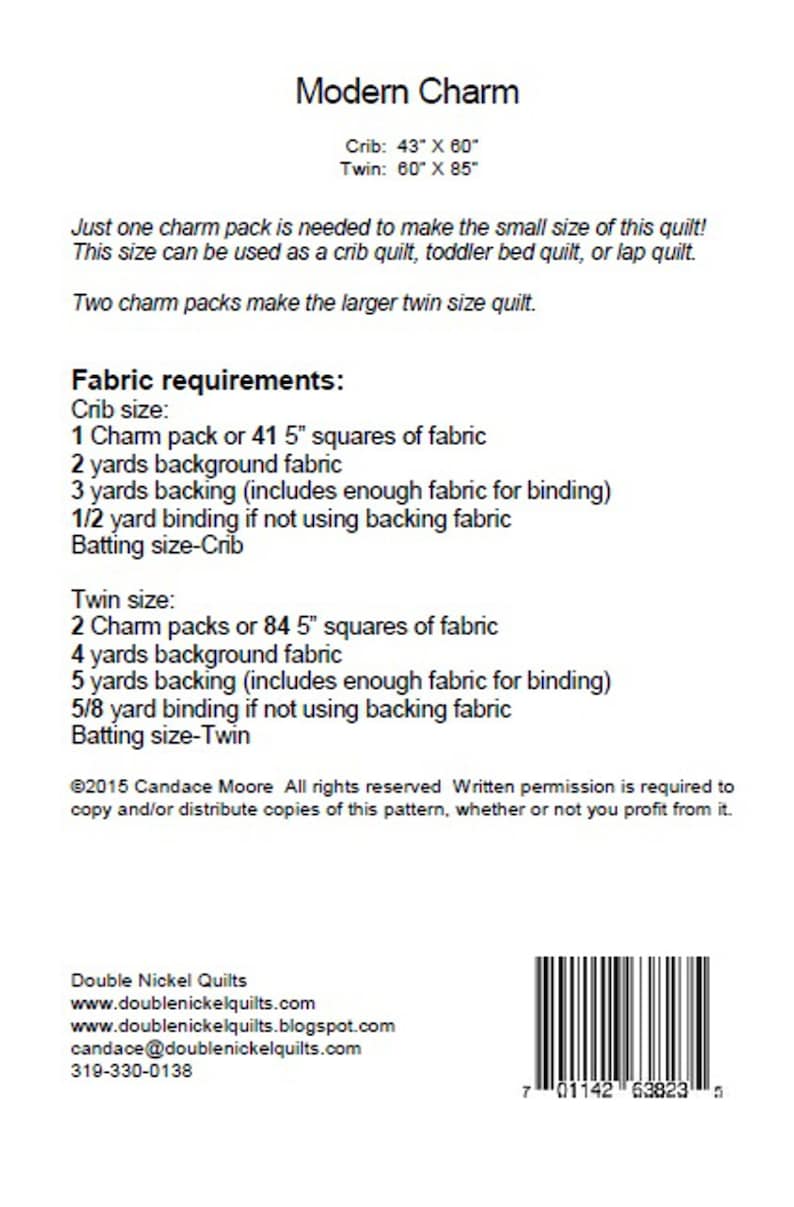 Modern Charm quilt pattern instructions for crib and twin size quilts. Fabric requirements include charm packs, background fabric, backing fabric, and binding fabric. Batting size is also listed for both crib and twin sizes. The pattern is by Double Nickel Quilts.