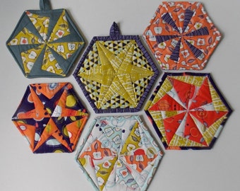 Hexagon Pinwheel Potholder & Coaster PDF Pattern: Foundation Paper Pieced