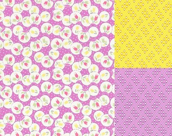 3 yard bundle of fabrics coordinating with Retro 30's Child Smile Flowers in Circles fabric in Purple and Yellow from Lecien