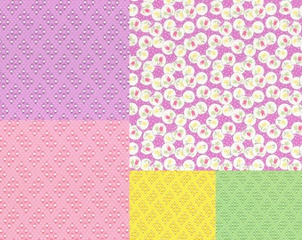 Fat Quarter Bundle of 5 fabrics coordinating with Retro 30's Child Smile Flowers in Circles fabric in Purple from Lecien