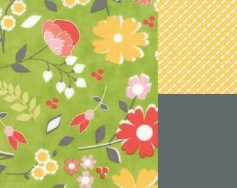 Fat quarter bundle of 3 coordinating floral fabrics in orange, yellow, coral, green, pink and gray by Moda Fabric