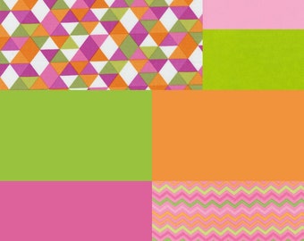 Fat quarter bundle of 7 pink, green and orange fabrics coordinating with Brighten Up Chevron fabric by Me and My Sister for Moda #22285-11