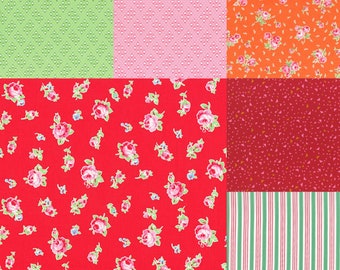 Fat quarter bundle of 6 coordinating floral fabrics in red, green, orange, and pink by Lecien Fabric