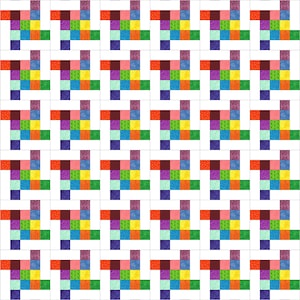 Puede incluir: Un patrón de colcha colorido con un diseño repetitivo de cuadrados en tonos de rojo, naranja, amarillo, verde, azul, morado y rosa. Los cuadrados están dispuestos en un patrón de cuadrícula, con cada cuadrado rodeado por un borde blanco.