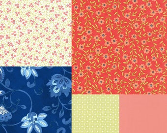 Fat quarter bundle of 5 coordinating floral fabrics in orange, coral, green, pink and blue by Moda Fabric