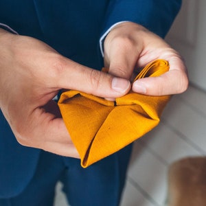 Mustard yellow pocket square set - wedding hankie - handkerchief - groomsmen gift - mens attire - linen pocket square