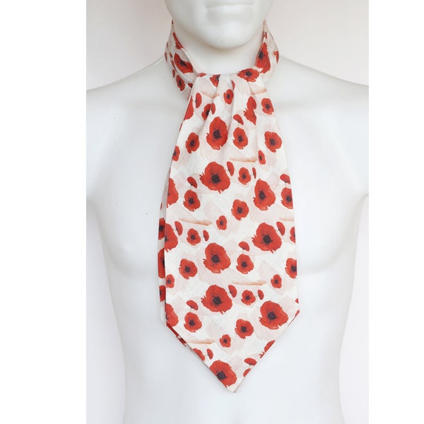 Aquarel rode klaprozen ascot tie cravat, heren mode accessoire, bloemen ascot stropdas, unisex accessoire, linnen ascot stropdas, rode bloemen ascot