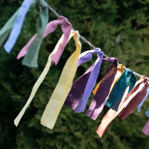 May include: A colorful fabric garland with various shades of blue, green, yellow, purple, and brown. The garland is strung on a white twine and hangs against a green background.