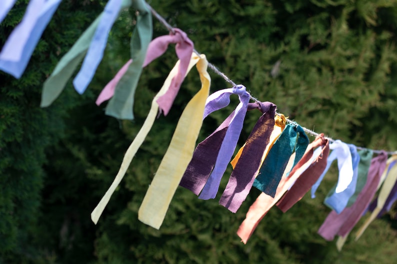 May include: A colorful fabric garland with various shades of blue, green, yellow, purple, and brown. The garland is strung on a white twine and hangs against a green background.