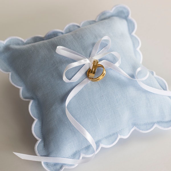 Baby Blue Linen Ring Pillow with Scalloped Edges - Elegant Wedding Accessory - Handcrafted Ceremony Cushion - 9x9 inches (23x23cm)