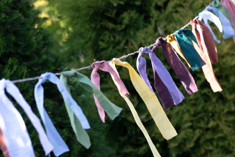 May include: A string of colorful fabric bunting with various shades of blue, green, yellow, and purple. The bunting is strung on a white twine and hangs against a green background.