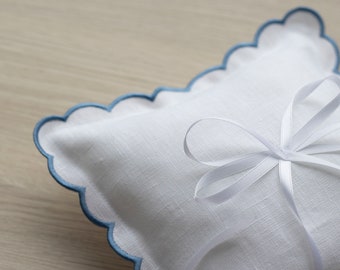 Linen Wedding Ring Cushion with Scalloped Edges - 9x9 inches | Elegant Ring Bearer Pillow for Weddings | Handcrafted Ceremony Accessory