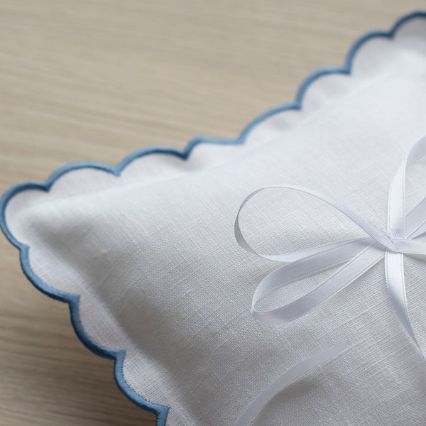 Linen Wedding Ring Cushion with Scalloped Edges - 9x9 inches | Elegant Ring Bearer Pillow for Weddings | Handcrafted Ceremony Accessory