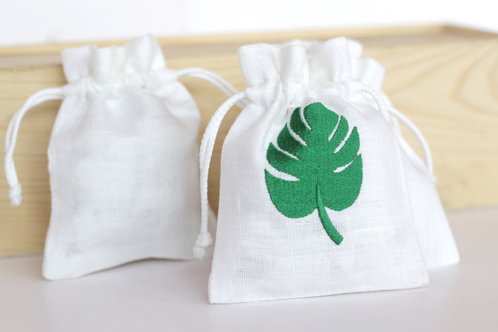 White Linen Gift Bags With Embroidered Green Monstera Leaf for Etsy