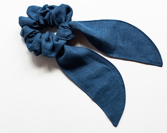 Navy blue bow scrunchie Hair wrap Linen scrunchie with bow Knot scrunchy Hand wrist accessory Variety of colors
