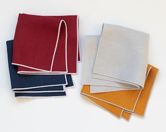 Handmade Navy/Burgundy Linen Hankie - White Trim - Wedding Pocket Square - Classic Men's Fashion Accessory