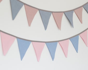 Linnen wimpelslinger set voor babyshower - blauw, roze, bleke tinten - decoratie kinderkamer, geslacht onthullen, babykamerdecoratie
