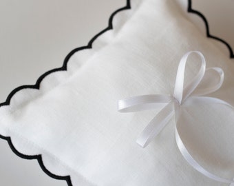Elegant Ring Bearer Pillow for Weddings Linen Scalloped Ring Pillow- Elegant 9x9''(23x23cm) Wedding Cushion - Handcrafted Ceremony Accessory