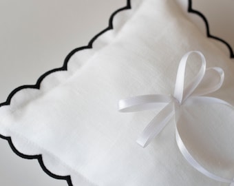 Elegant Ring Bearer Pillow for Weddings Linen Scalloped Ring Pillow- Elegant 9x9''(23x23cm) Wedding Cushion - Handcrafted Ceremony Accessory