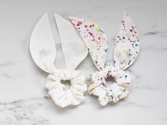Bow scrunchie set of 2 Hair wrap Linen scrunchies with bow Knot scrunchy Hand wrist accessory Watercolor splash print and dark red set
