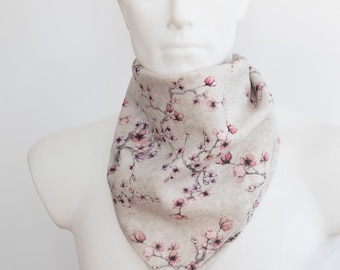 Pink blossoms linen bandana and  face mask connected
