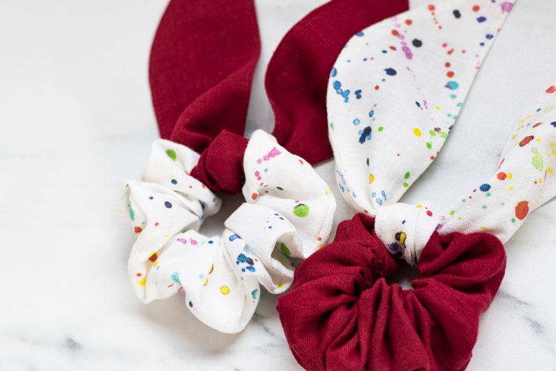 Bow scrunchie set of 2 Hair wrap Linen scrunchies with bow Knot scrunchy Hand wrist accessory Watercolor splash print and dark red set