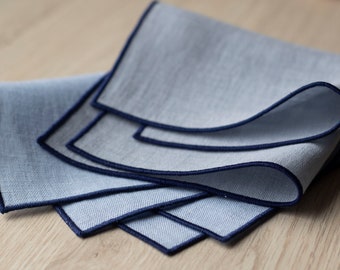 Soft Linen Baby Blue Handkerchief with Navy Trim - 10x10'' | Pale Blue Pocket Square for Boys | Elegant Baby Shower Gift Idea