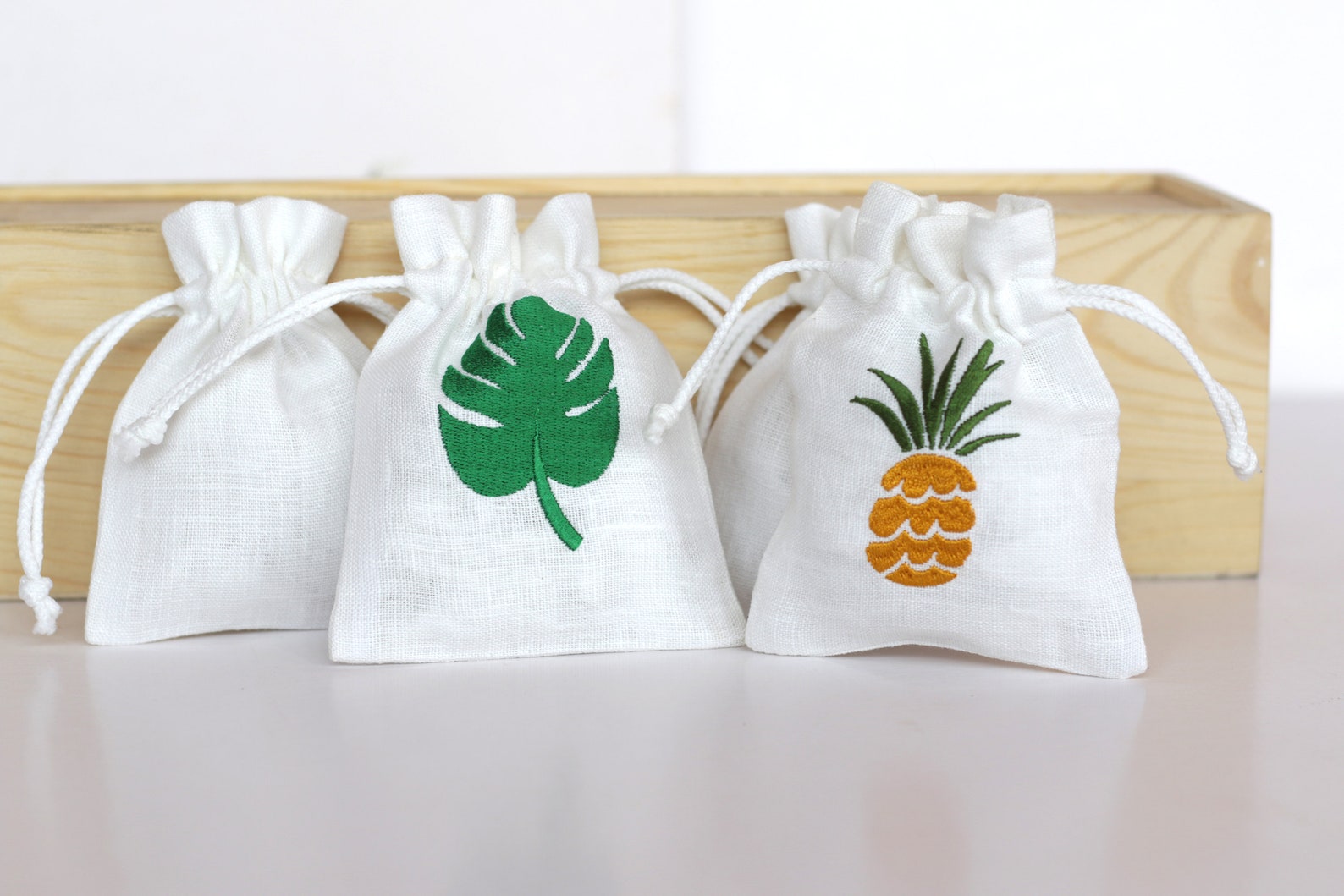 White Linen Gift Bags With Embroidered Green Monstera Leaf for Etsy