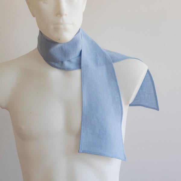 Blauwe linnen smalle sjaal ascot stropdas, heren modeaccessoire, unisex accessoire, linnen ascot stropdas, linnen sjaal