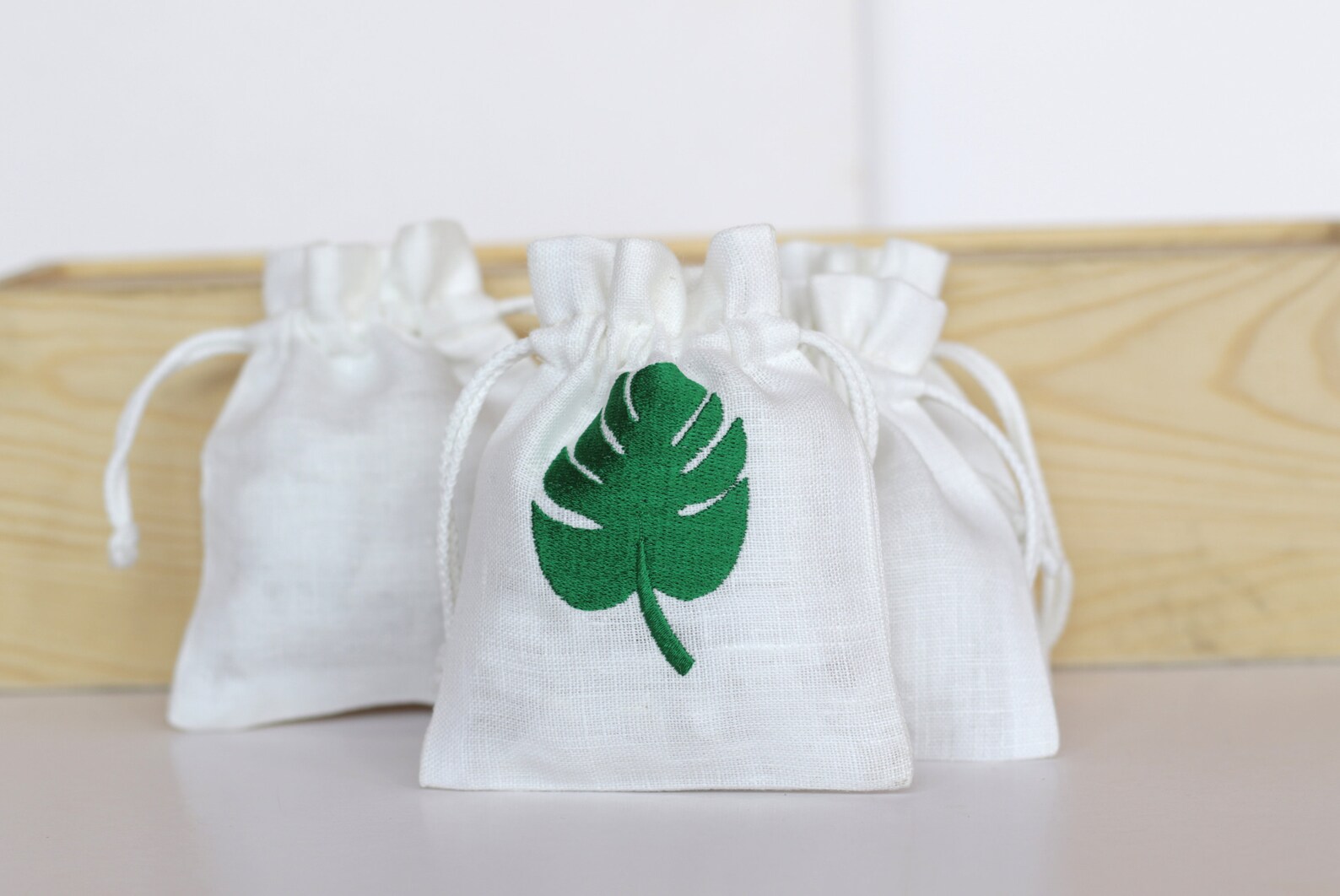 White Linen Gift Bags With Embroidered Green Monstera Leaf for Etsy
