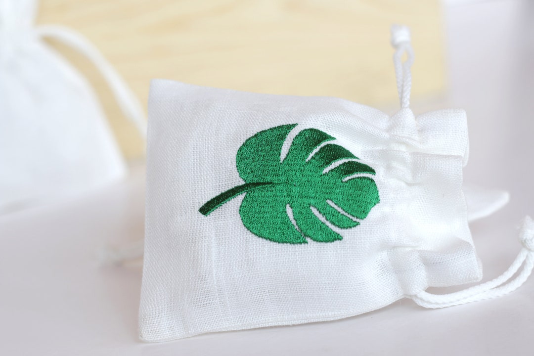 White Linen Gift Bags With Embroidered Green Monstera Leaf for Etsy