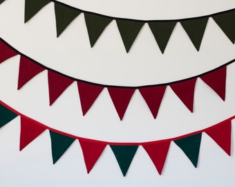 Christmas Outdoor Bunting Party Banner - Triangle Pennants in Burgundy and Forest Green - Holiday Birthday Gift