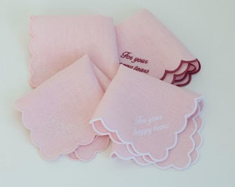 Geborduurde linnen zakdoek, babyroze geschulpte trouwzakdoek