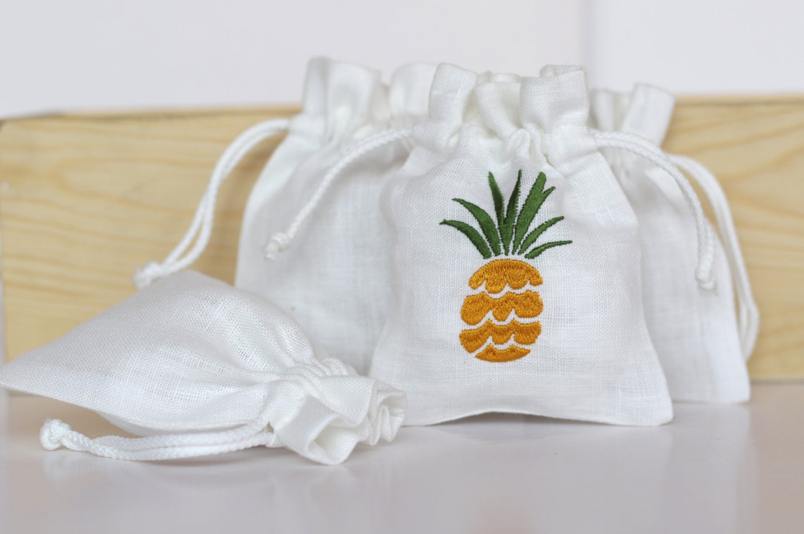 White Linen Gift Bags With Embroidered Pineapple for Wedding Etsy