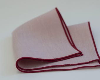 Näsduk i linne, rosa med vinröda kanter