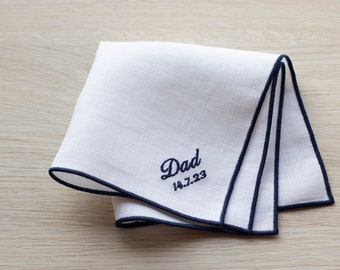 Snow White Linen Hankie with Navy Trim - Personalized Embroidered Dad Gift - Elegant Handkerchief for Father's Day or Special Occasions